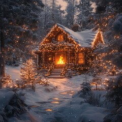 Sticker - A cozy cabin in the snowy woods, illuminated by warm string lights.