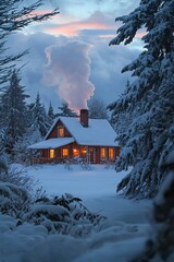 Sticker - A cozy cabin nestled in a snowy forest, illuminated by warm light, with a dramatic sky in the background.