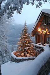 Poster - A cozy cabin with a Christmas tree illuminated in the snow.