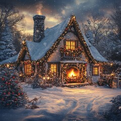 Poster - A cozy cottage with a fireplace and Christmas lights in a snowy winter wonderland.