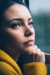 Depressed lonely young woman looking through the window