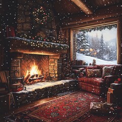 Poster - A cozy living room with a fireplace, Christmas decorations, and a view of a snowy landscape outside the window.