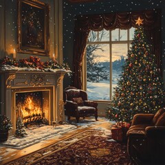 Wall Mural - A cozy living room with a fireplace, Christmas tree, and snow falling outside the window.