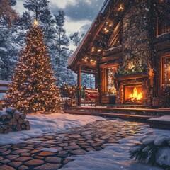 Sticker - A cozy log cabin with a decorated Christmas tree and a roaring fireplace.