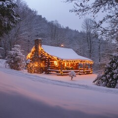 Wall Mural - A cozy log cabin with Christmas lights sits nestled in a snowy forest at dusk.