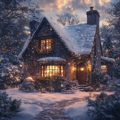 Canvas Print - A cozy stone cottage with twinkling lights and snow-covered ground.