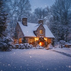 Canvas Print - A cozy stone cottage with warm lights and a fireplace glows in a snowy winter landscape.