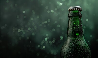 up close of an empty green beer bottle in the background, Generative AI.