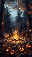 Canvas Print - A crackling campfire illuminates a clearing in the woods, surrounded by jack-o'-lantern pumpkins and glowing fireflies.