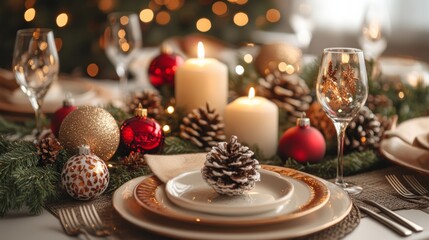 Elegant Christmas dinner table setting with candles, ornaments, and festive decorations, clean background--C100