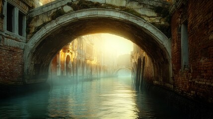 Sunlight Filtering Through a Stone Archway Over a Foggy Canal in Venice