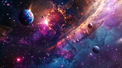 Wall Mural - a vibrant nebula filled with swirling gas, stars, and planets colliding in a spectacular display of 