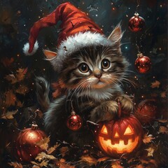 Sticker - A cute kitten wearing a Santa hat holds a jack-o-lantern and looks up at the camera.