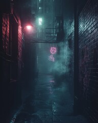 Poster - A dark and mysterious alleyway with a neon sign glowing in the fog.