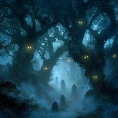 Wall Mural - A dark and mysterious forest path with glowing eyes in the trees.