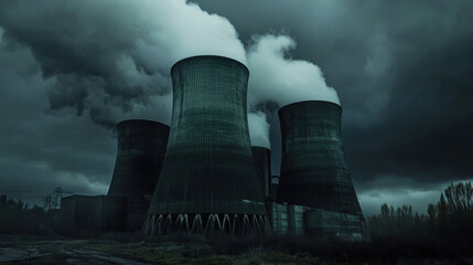 Massive cooling towers of power plant rise ominously against dark, stormy sky, emitting thick clouds of steam. scene evokes sense of industrial power and environmental impact