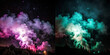 © Bogi Art - Vibrant clouds of smoke billow into a starry night sky illuminated by colorful lights in shades of pink and teal. The contrast between the illuminated smoke and the dark environment is surreal. AI gen