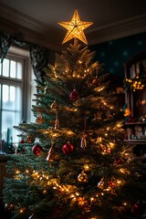 Poster - A decorated Christmas tree with lights and ornaments in a cozy living room.