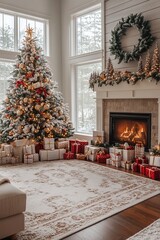 Sticker - A decorated Christmas tree with presents under it in a living room with a fireplace.