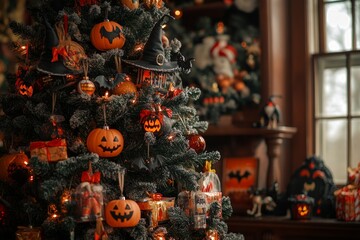 Canvas Print - A decorated Halloween tree with pumpkins, bats, witches' hats, and lights.