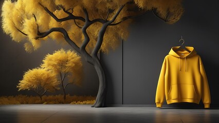 Blank yellow hoodie mockup .Blank sweatshirt yellow color preview template front and back view on black background. crew neck mock up isolated on dark background. Cloth collection.