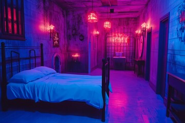 Wall Mural - A dimly lit bedroom with a bed, a bathroom with a sink, and a door in a prison setting.