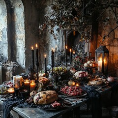 Poster - A dimly lit dining table in a stone room with candles and a feast of food.