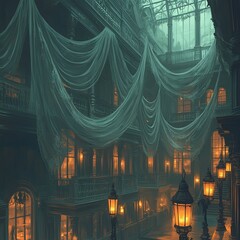 Poster - A dimly lit, ornate interior with draped fabric, lanterns, and windows, creating an atmosphere of mystery and intrigue.