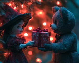 Poster - A doll dressed as a witch gives a teddy bear a gift in front of a Christmas tree.