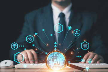 Wall Mural - businessman searching for information in technology with ai systems concept, businessman hand holdin