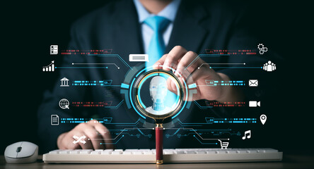 Wall Mural - businessman searching for information in technology with ai systems concept, businessman hand holdin