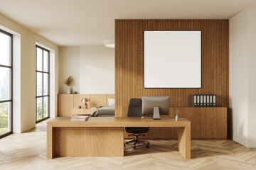 Modern office with large wooden desk, computer, chair, and blank square poster on wood-paneled wall. Minimalist interior design concept. 3D Rendering.