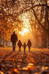 Canvas Print - A family strolls through a park with golden leaves on the ground in the late afternoon.