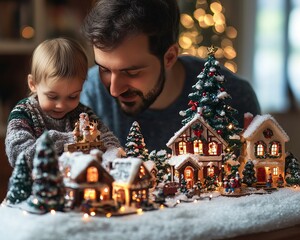 Wall Mural - A father and his toddler son look at a Christmas village display together.