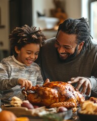 Sticker - A father and son happily carving a roasted turkey together for Thanksgiving dinner.