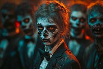 Canvas Print - A female zombie in a suit and bowtie, looking directly at the camera. Her face is covered in pale makeup and blood