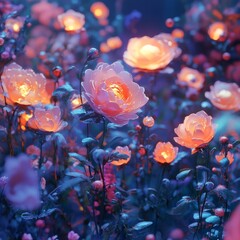 Wall Mural - A field of glowing pink roses, illuminated in a mystical, surreal light.