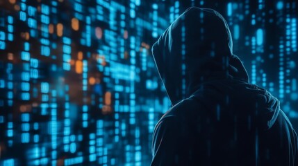 Wall Mural - hooded figure stands before a wall of blue and orange binary code.