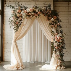 A floral archway decorated with blush roses and greenery.