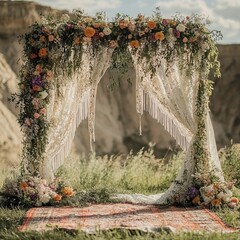 Poster - A floral archway decorated with lace and greenery stands in a grassy field.