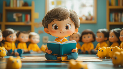 A cartoon boy is reading a book in front of a group of children. The scene is set in a classroom with a lot of children sitting around the boy. Scene is cheerful and playful