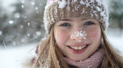 Poster - A young girl is smiling and wearing a hat and scarf in the snow