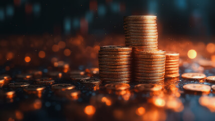 A pile of gold coins on a table. The coins are stacked on top of each other, creating a sense of wealth and abundance. The image conveys a feeling of prosperity and success