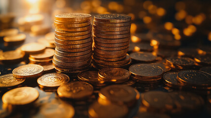 A pile of gold coins on a table. The coins are stacked on top of each other, creating a sense of abundance and wealth. The image conveys a feeling of prosperity and success