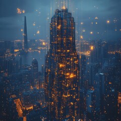 Canvas Print - A futuristic city skyline with a tall skyscraper and glowing lights.