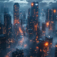 Wall Mural - A futuristic city skyline with tall buildings and glowing lights, enveloped in a thick layer of fog.