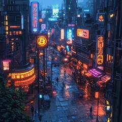 Canvas Print - A futuristic city street at night with neon signs and people walking.