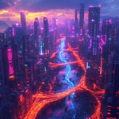 Wall Mural - A futuristic city with neon lights and a river running through it.