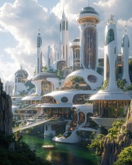 Wall Mural - A futuristic city with white buildings, green trees, and a river flowing through it.