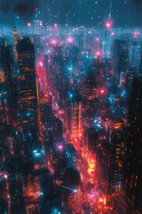 Sticker - A futuristic cityscape with glowing lights and a blurry effect.